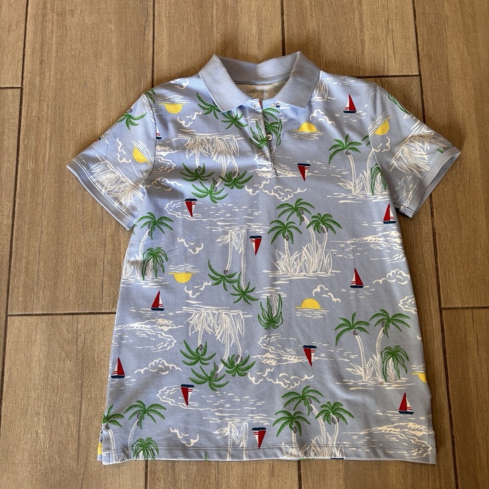Lands End Shirt Women S Blue Sailboat Palm AOP Short Sleeve Stretch Golf Polo